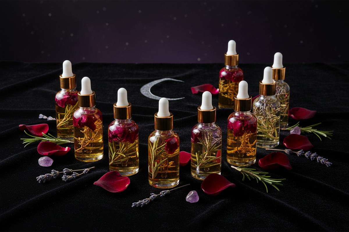A set of clear glass dropper bottles filled with golden herbal oil, each containing rose petals and green herbs, arranged on a black fabric surface with scattered red rose petals, rosemary sprigs, and lavender.