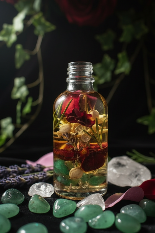 A small glass bottle filled with amber liquid and botanical pieces, styled on a black fabric surface with green stones, rose petals, lavender, and a crystal cluster. Red and burgundy roses with green ivy hang in the background.