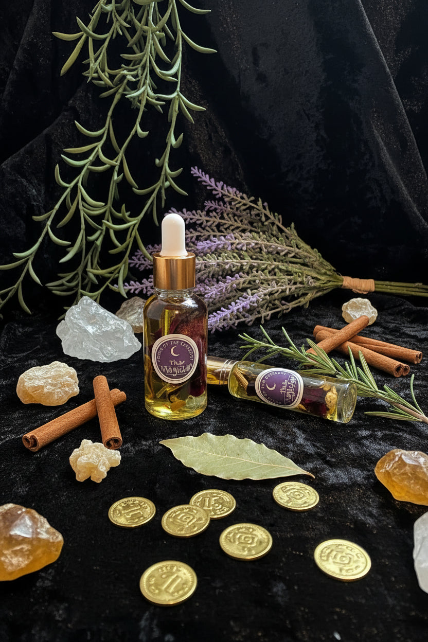Two glass dropper bottles of 'The Magic' essential oil by House of the Crescent, one standing upright and one lying horizontally, styled with lavender, rosemary, a crystal, and black fabric on a dark stone surface.